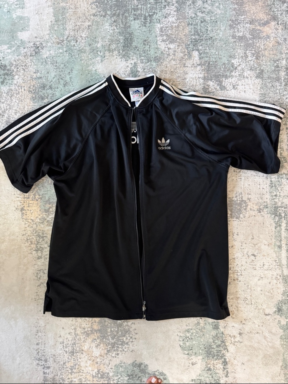 adidas Black Short-Sleeve Zip Track Shirt with White Stripes